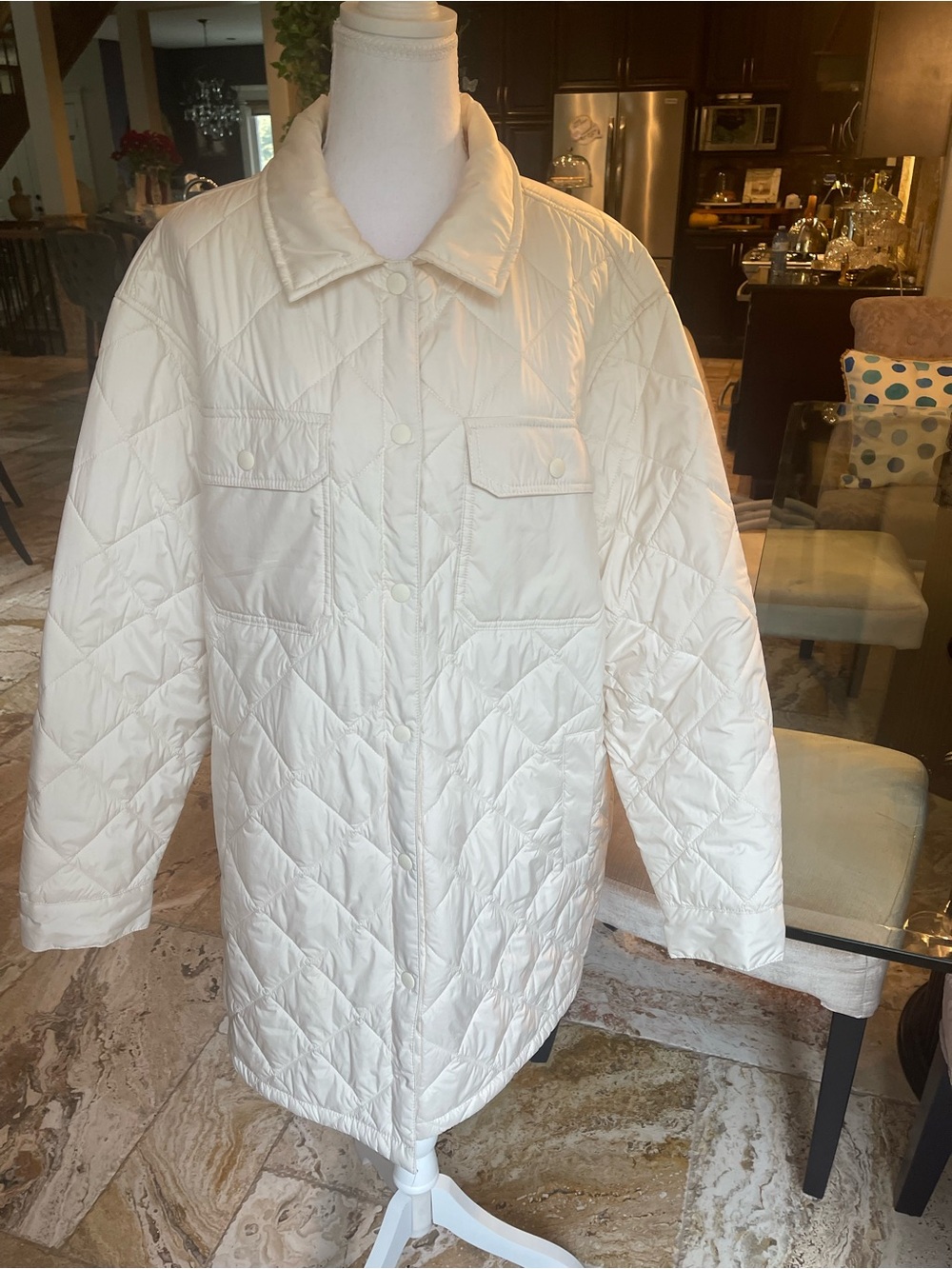 Women's Quilted Long Puffer Coat in Cream